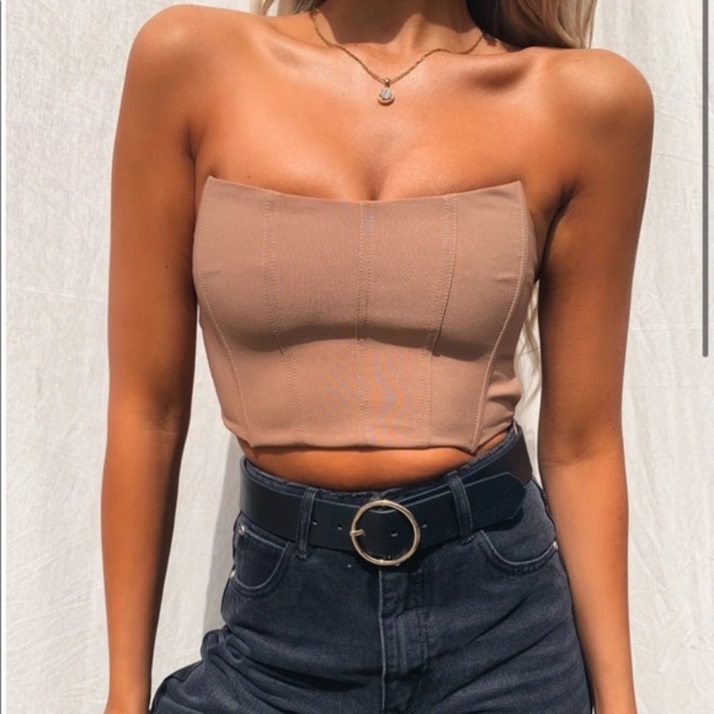 Tiger Mist Tan Cayenne Strapless Tube Crop Top Side Zip Size XS
